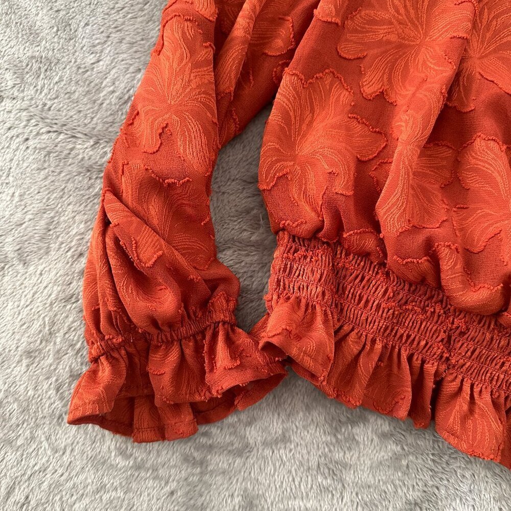 Anthropologie Orange Ruffle Smocked Textured Long Sleeve Blouse Women's SP Small - Picture 2 of 7